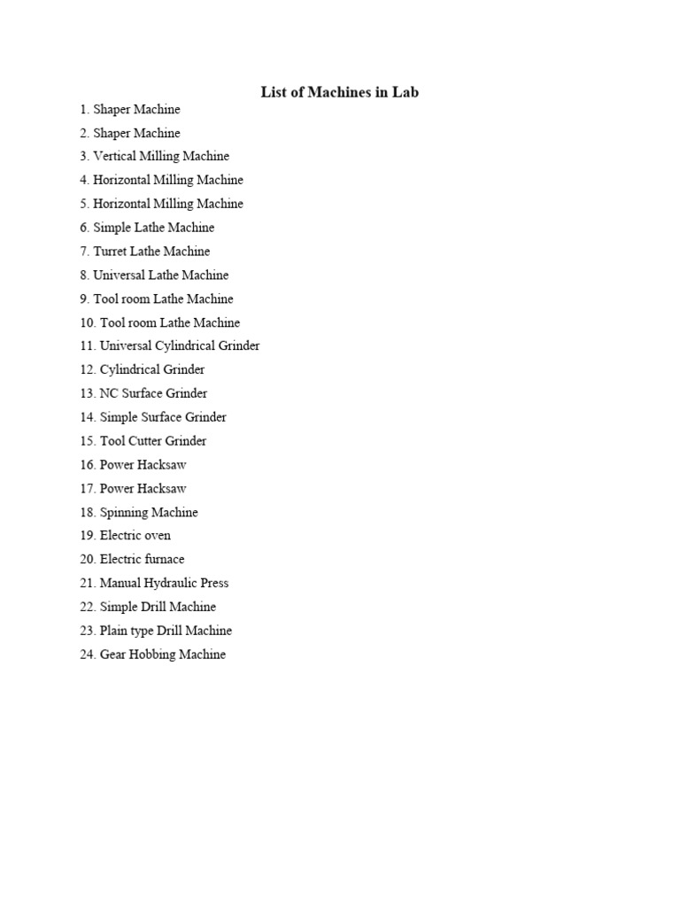 Machines List for Mechanical Workshop | PDF