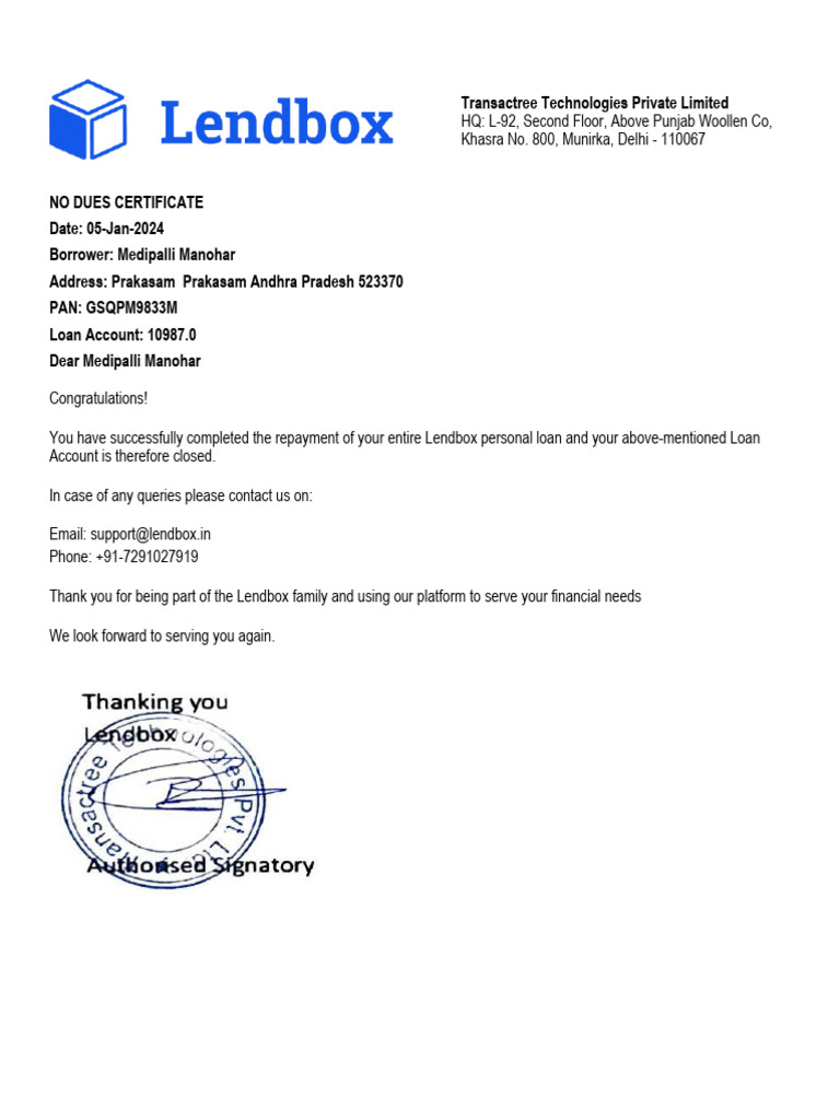 Transactree Loan Closure Confirmation | PDF