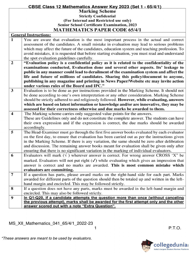 CBSE Class 12 Mathematics Answer Key 2023 Set 1 65 4 1 | PDF