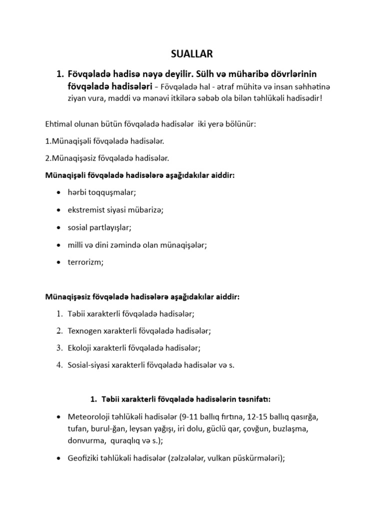 Suallar: 1. Fövqəladə Hadisə Nəyə Deyilir. Sülh VƏ Müharibə Dövrlərinin ...