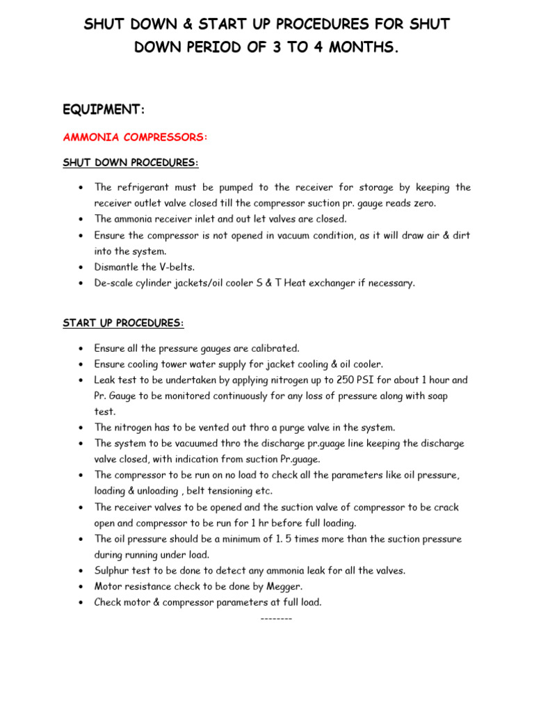 Shut Down Start Up Procedures Pdf Valve Pump