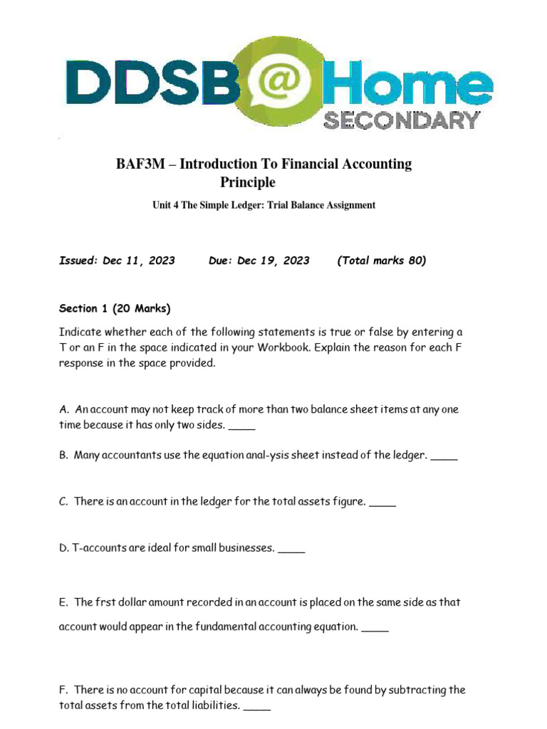 BAF3M Unit 4: Trial Balance Assignment | PDF | Debits And Credits ...