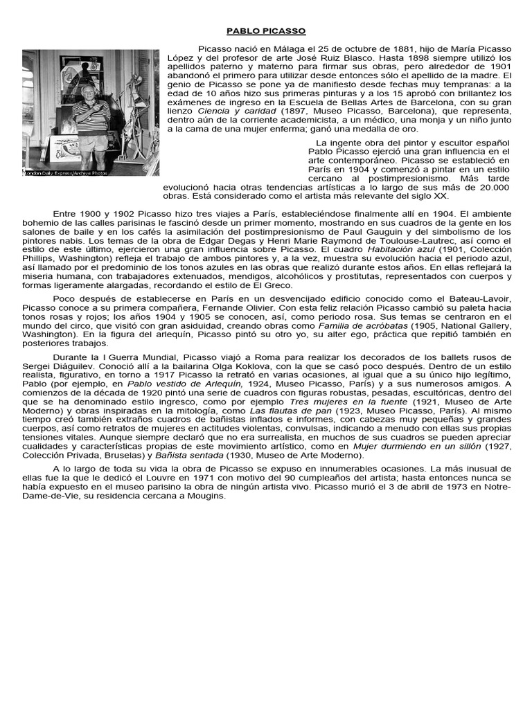 Biografía de Pablo Picasso para Niños | PDF | Pablo Picasso | Pinturas, image size:768x1024