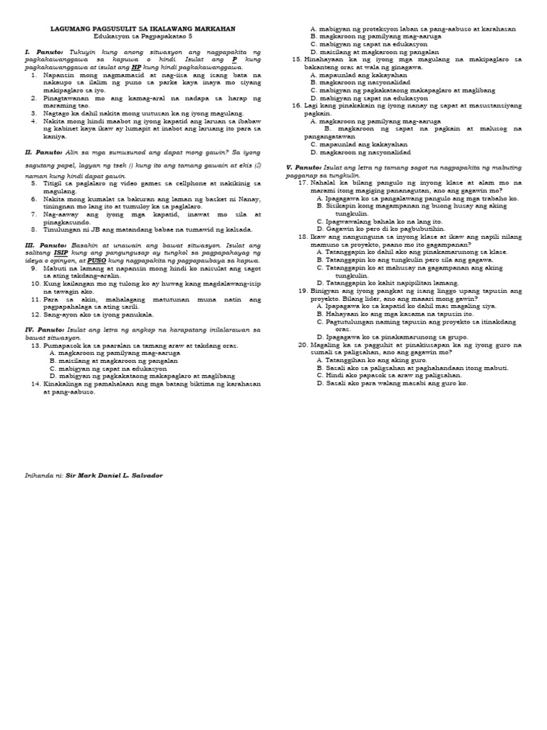 Summative Test ESP 5 | PDF