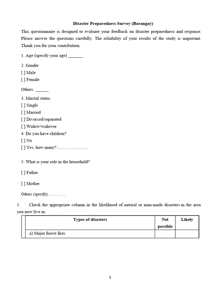 Barangay Disaster Preparedness Survey | PDF | Natural Disasters | Earth ...