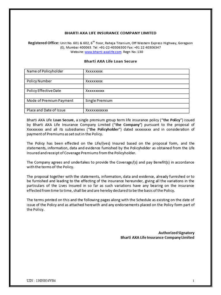 Loan Secure Sales Policy Document PDF Insurance Life Insurance