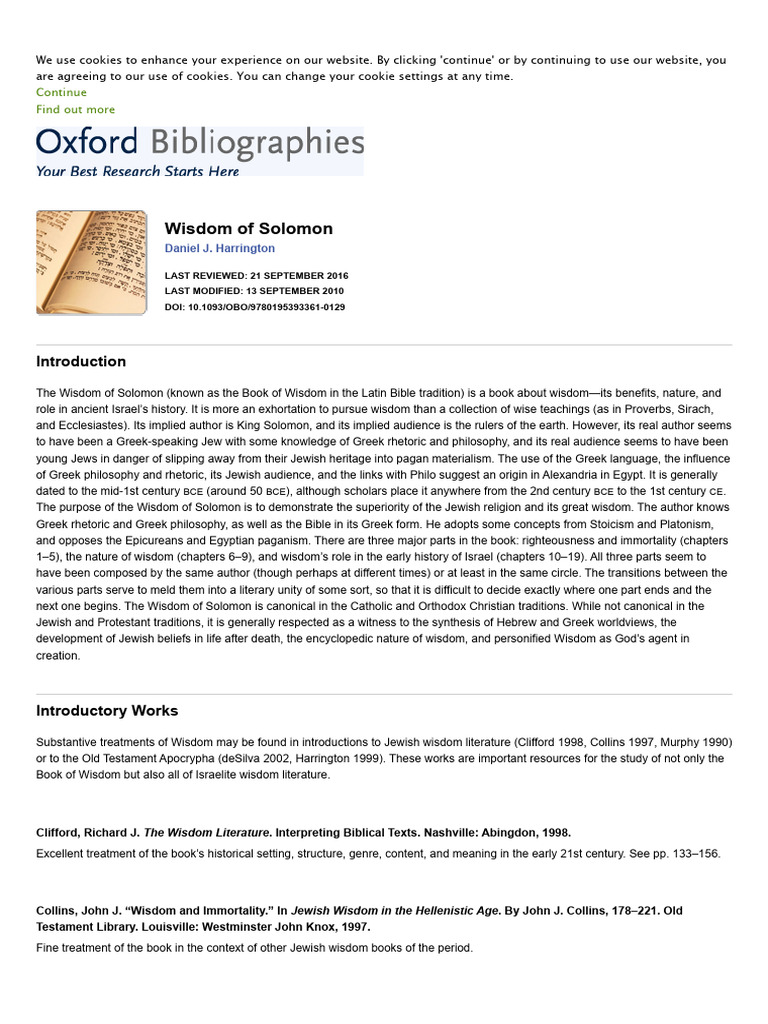Wisdom Of Solomon Biblical Studies Oxford Bibliographies Pdf