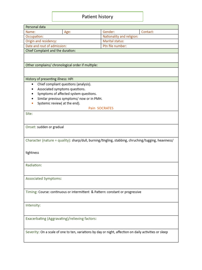 Comprehensive Patient Medical History | PDF | Allergy | Pain
