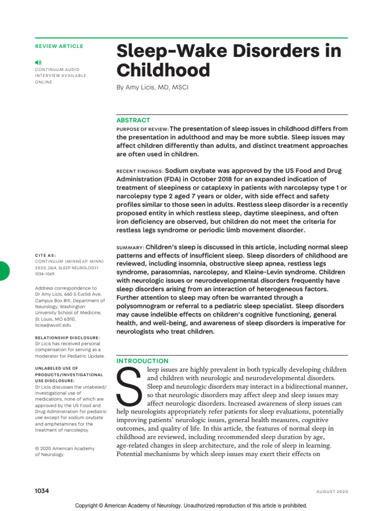 Sleep-Wake Disorders in Childhood | PDF | Sleep | Insomnia