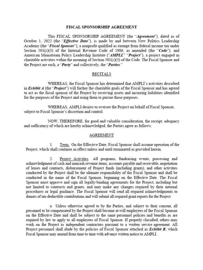 New politics ampli fiscal sponsorship agreement pdf indemnity