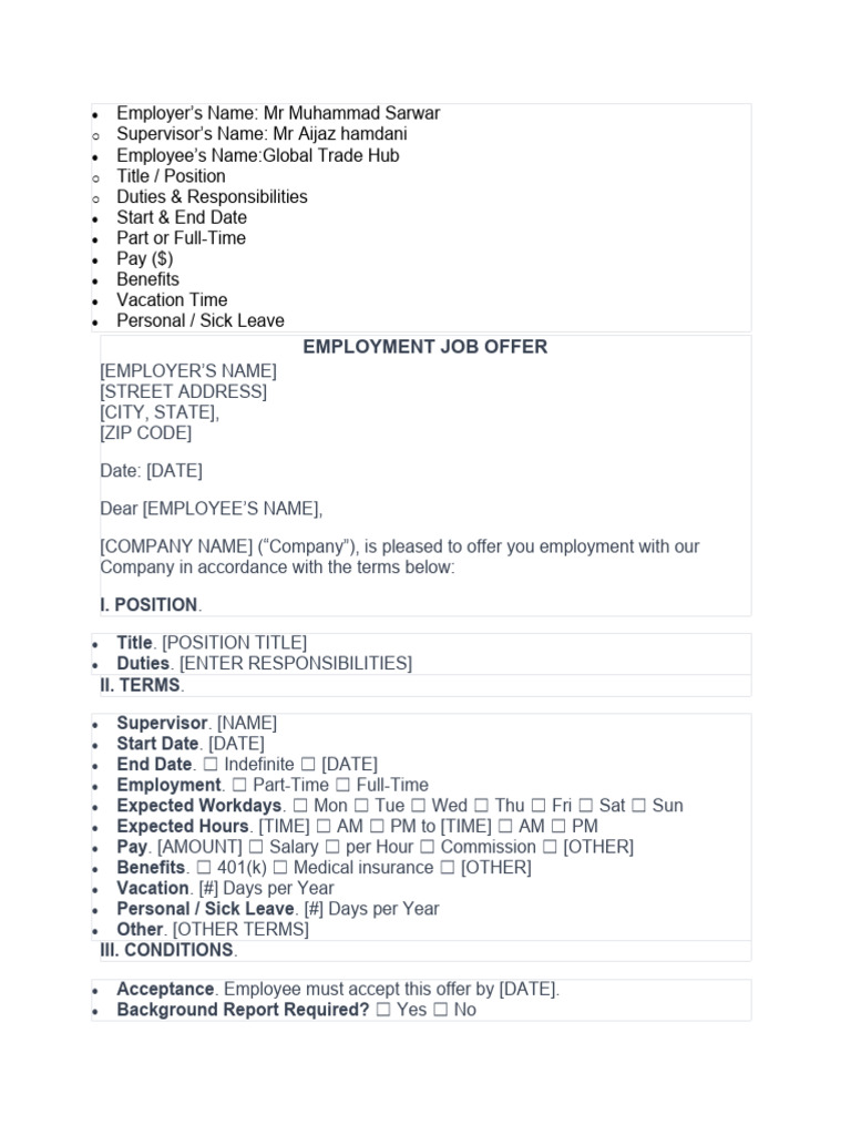 Employment Job Offer Template | PDF