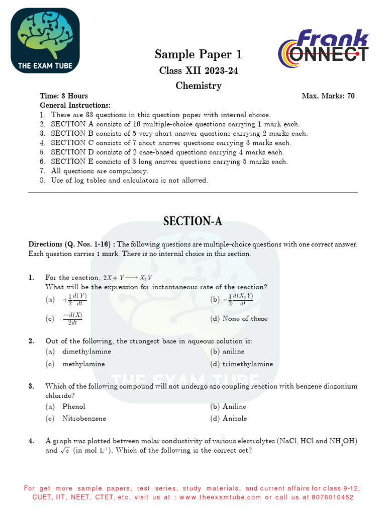 CBSE Class 12 Chemistry Sample Paper | PDF | Physical Chemistry ...