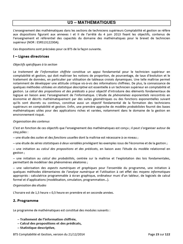 Mathématiques pour BTS CG : Programme et Objectifs | PDF | Loi normale ...
