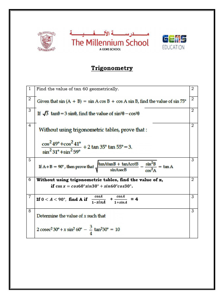 Trigonometry worksheet class 10 pdf