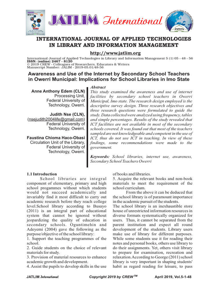 Awareness and Use of The Internet by Secondary School Teachers | PDF ...