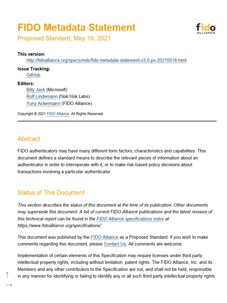 Fido Metadata Statement v3.0 Ps 20210518 | PDF | Authentication ...