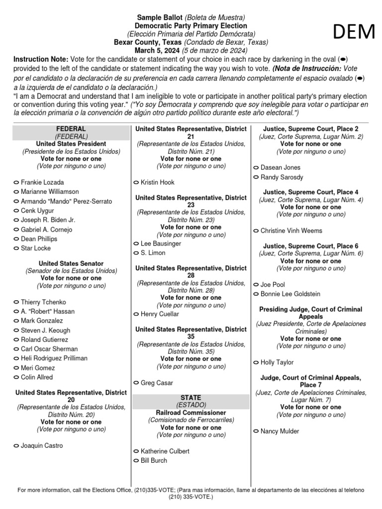 Democratic Party Primary Sample Ballot For Bexar County Download Free