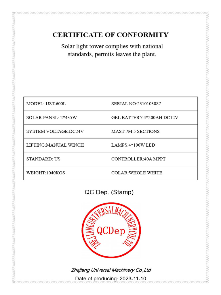 Certificate of Conformity for UST-600L | PDF