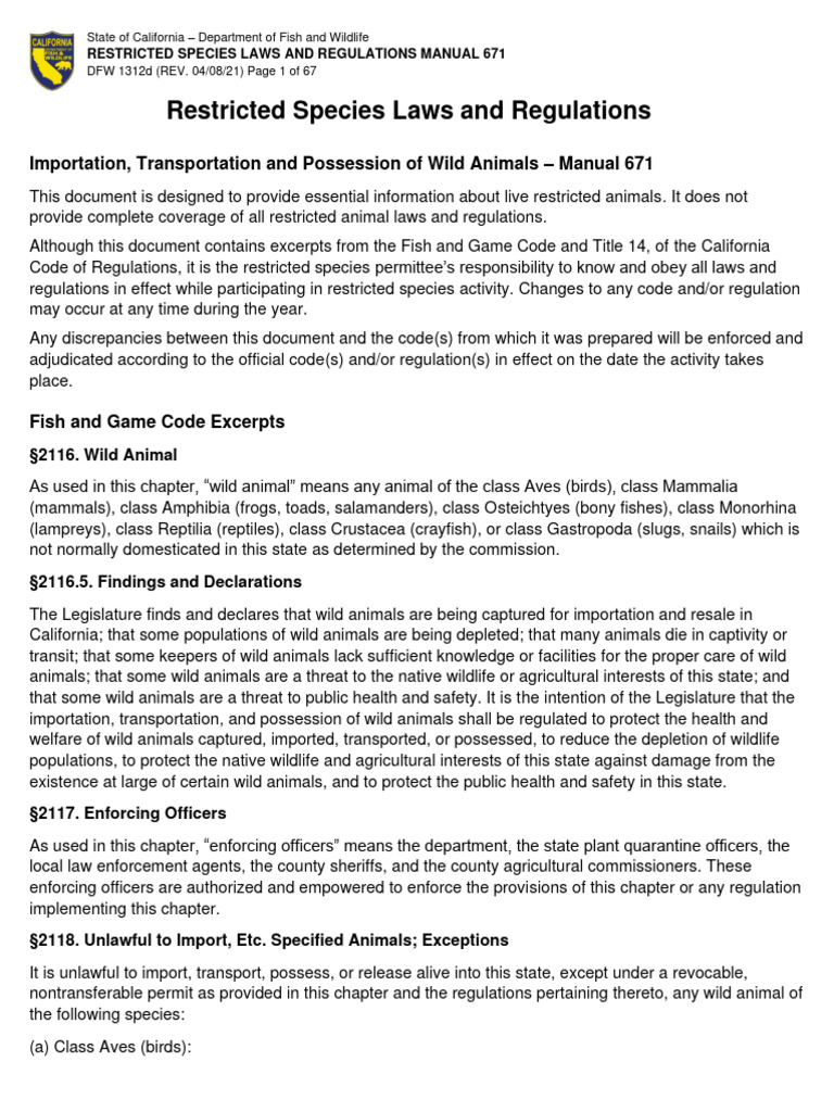 Manual 671 Restricted Species Laws and Regulations PDF Zoo