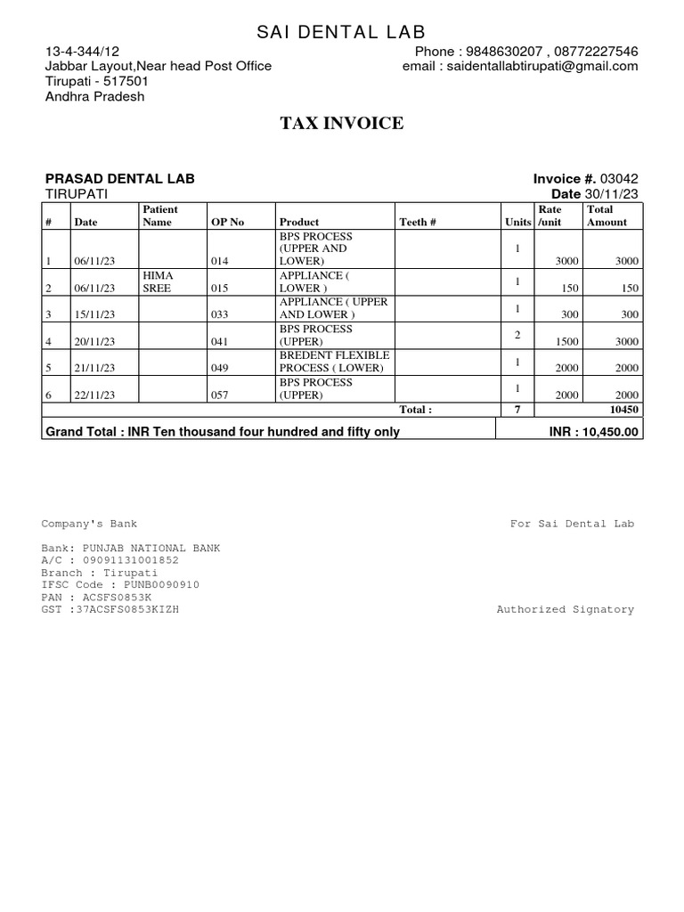 Sai Dental Lab Invoice for Prasad Dental Lab | PDF | Dentistry Branches ...