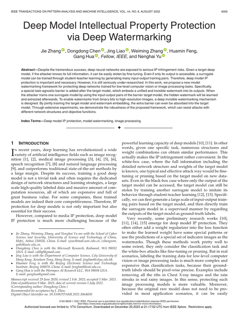 Deep Model Intellectual Property Protection Via Deep Watermarking | PDF ...