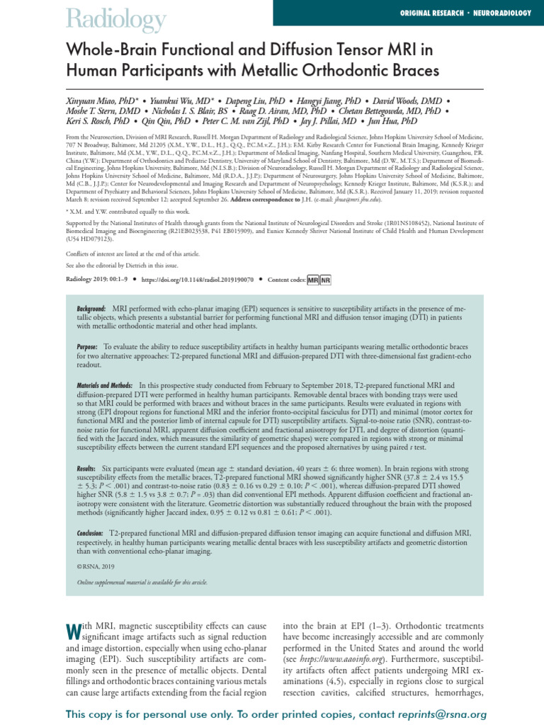 MRI and Orthodontic Appliances PDF Resonance Imaging