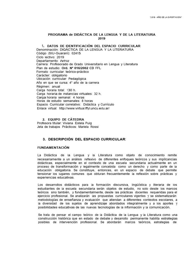 Didáctica de la Lengua y Literatura 2019 | PDF | Evaluación | Plan de ...