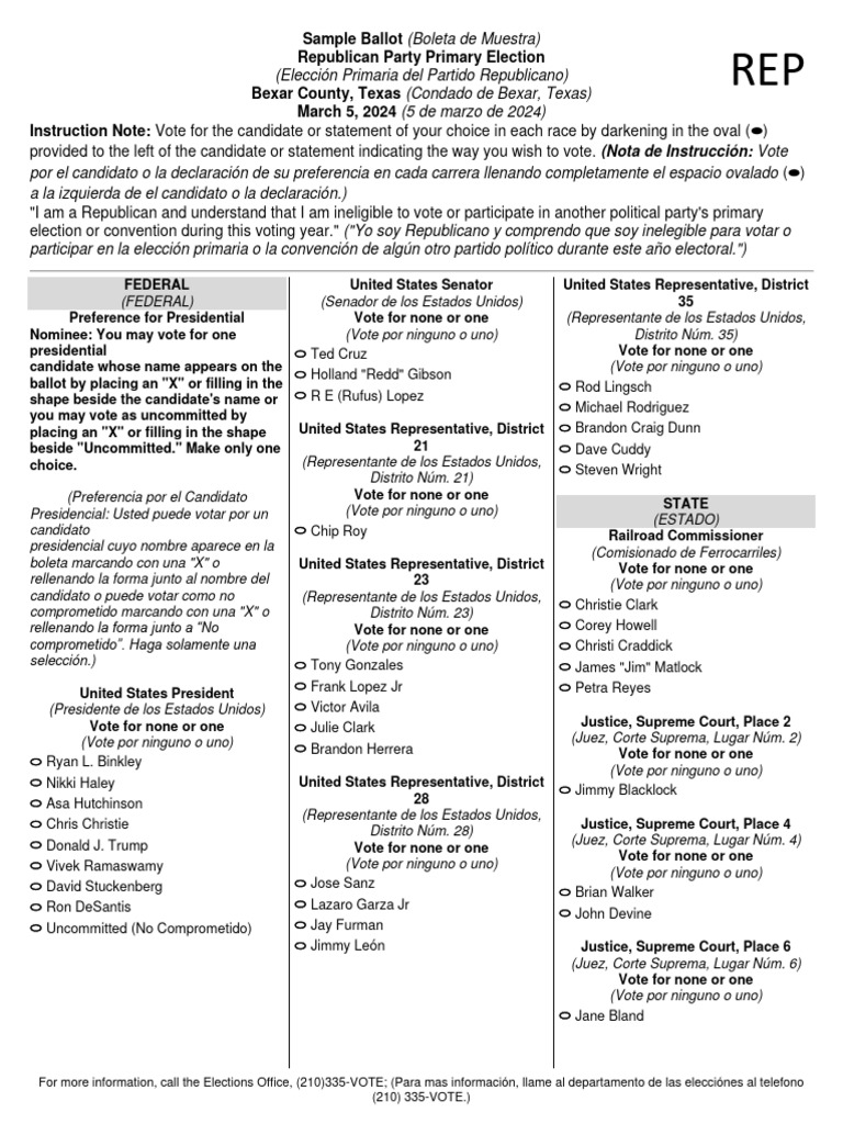 Republican Party Primary Sample Ballot For Bexar County PDF