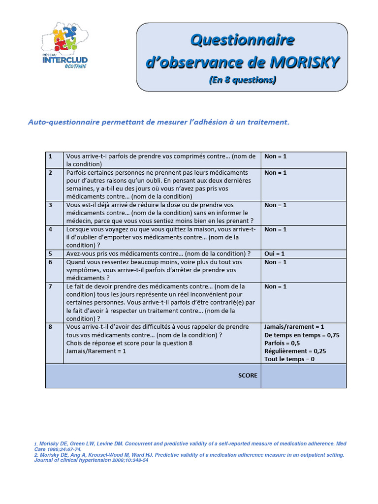 Questionnaire Morisky 8 items pour l'adhésion | PDF | Médecine clinique ...