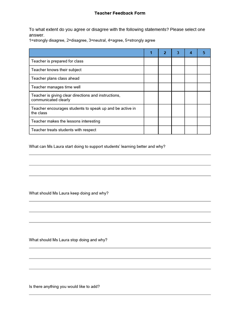 Teacher Feedback Form PDF
