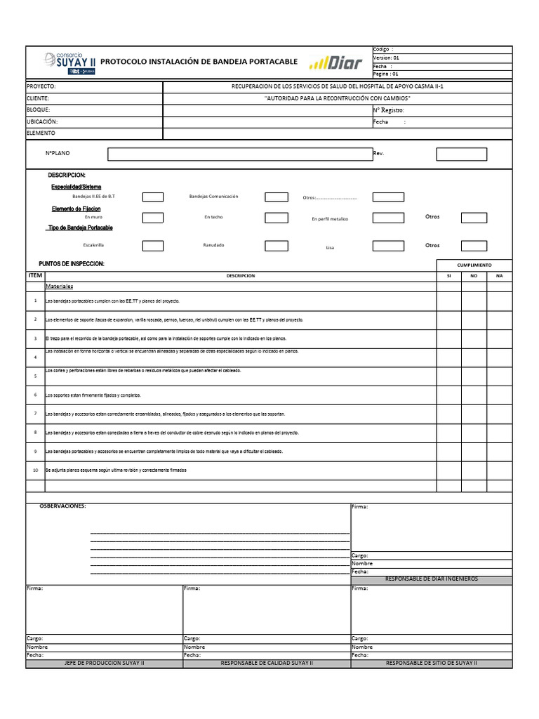 Protocolo Instalación Bandeja Portacable | PDF