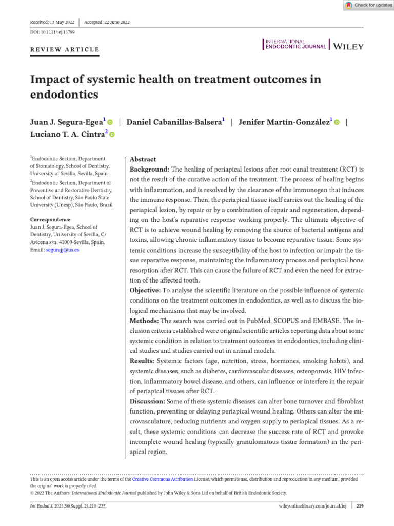 Int Endodontic J 2022 Segura Egea Impact of Systemic Health On Treatment in