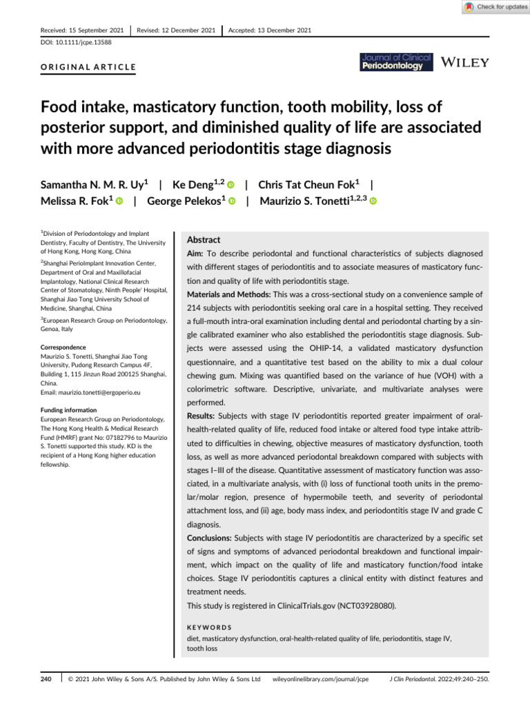 J Clinic Periodontology 2021 Uy Food Intake Masticatory Function