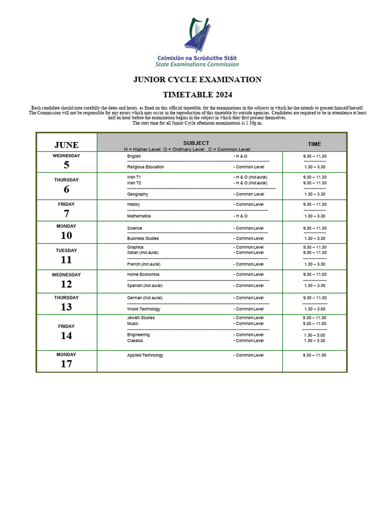 Junior Certificate Exams 2025 Timetable PDF