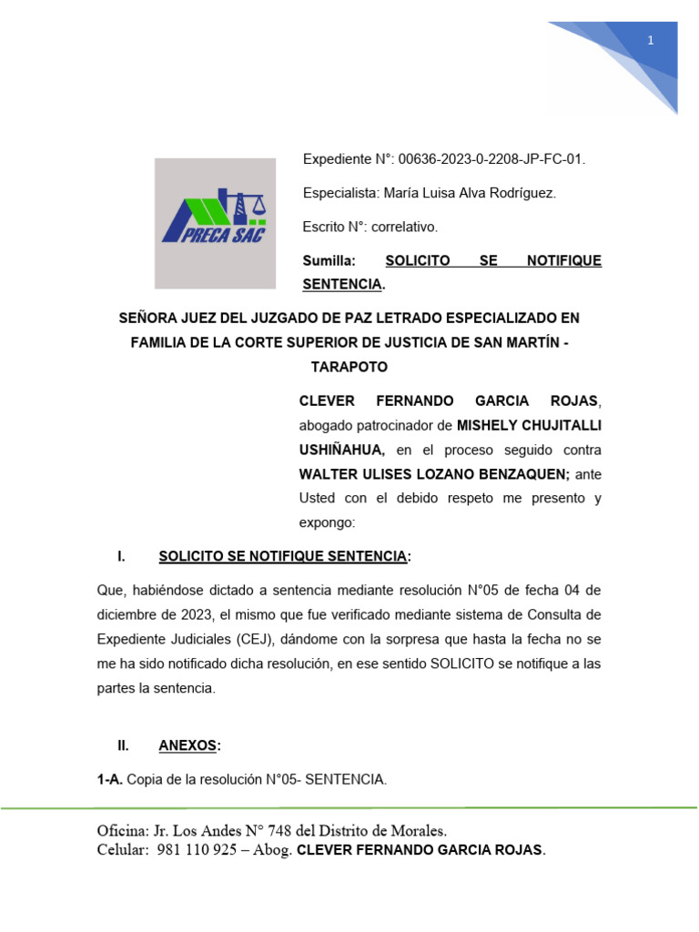 SOLICITO SE NOTIFIQUE SENTENCIA ALIMENTOS PDF