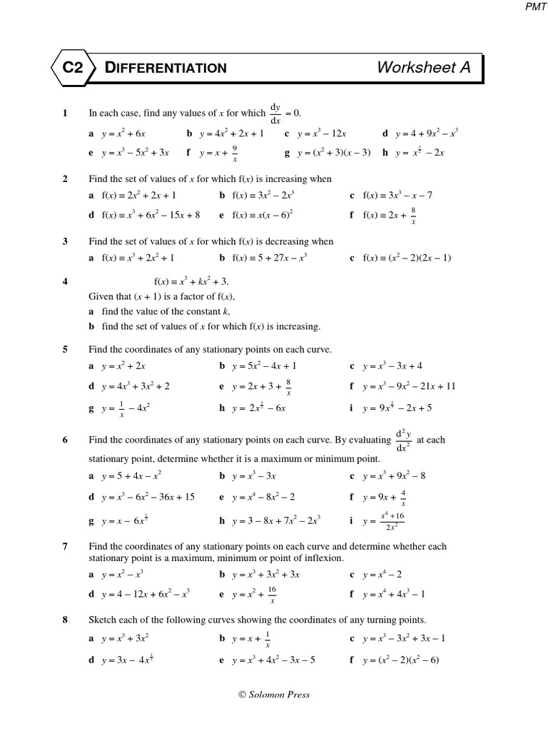 C2 Differentiation Worksheet Answers | PDF | Volume | Area