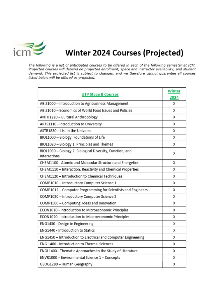 Winter 2024 Projected Course List PDF Mathematics Science
