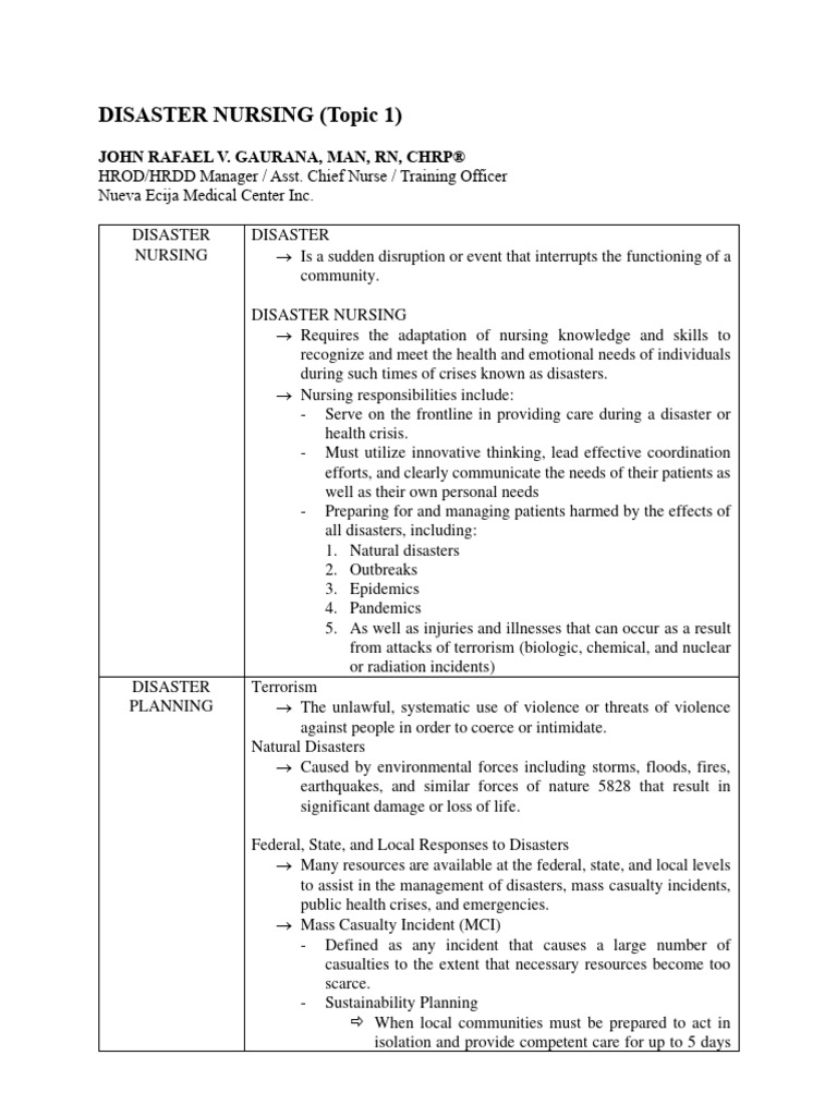 Disaster Nursing Lecture 1 Pdf Emergency Management Emergency