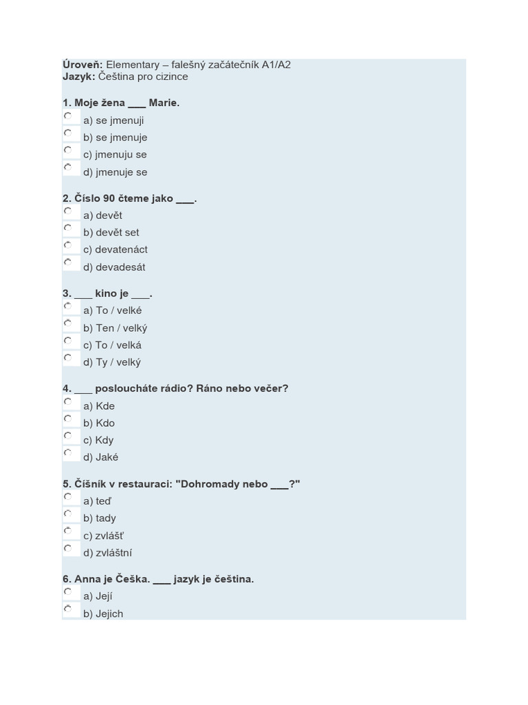 Čeština - Test Úroveň A1 | PDF