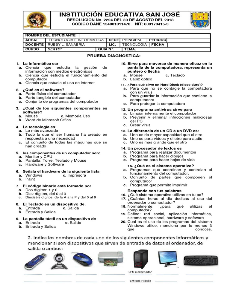 Prueba Diagnóstica Tecnología 6° | PDF | Hardware de la computadora ...