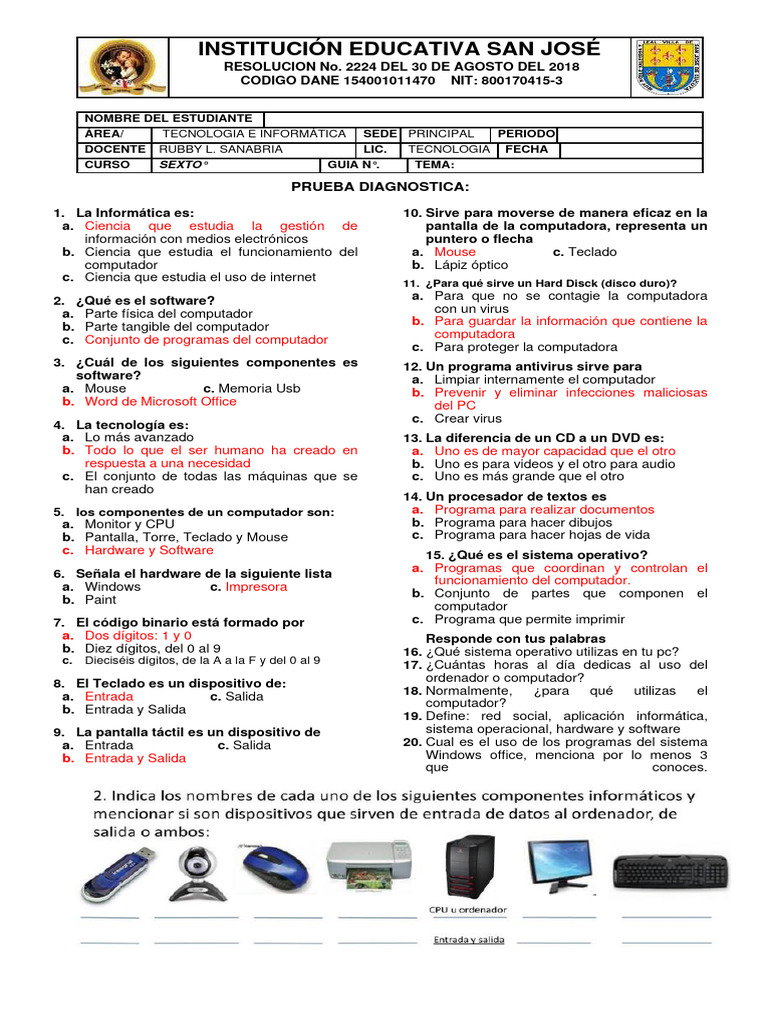 Prueba Diagnóstica de Tecnología 6° | PDF | Hardware de la computadora ...