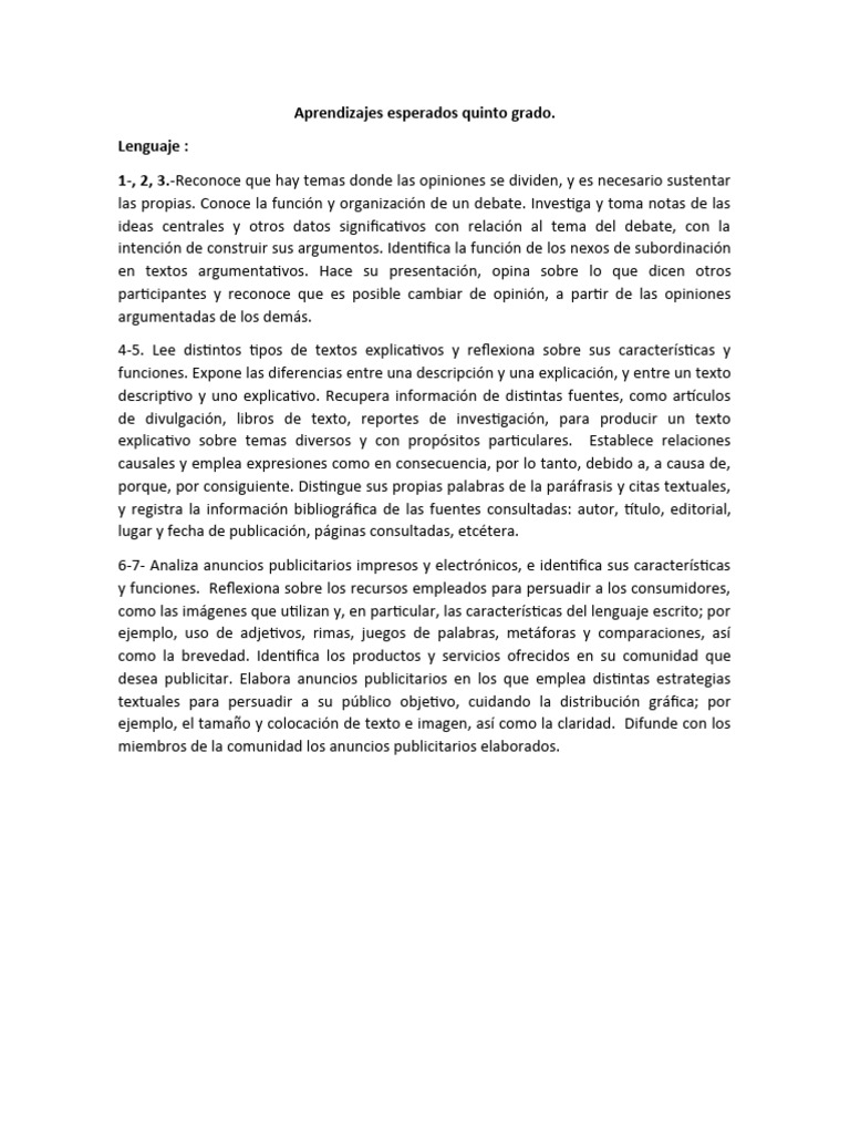 Aprendizajes Esperados Quinto Grado PDF