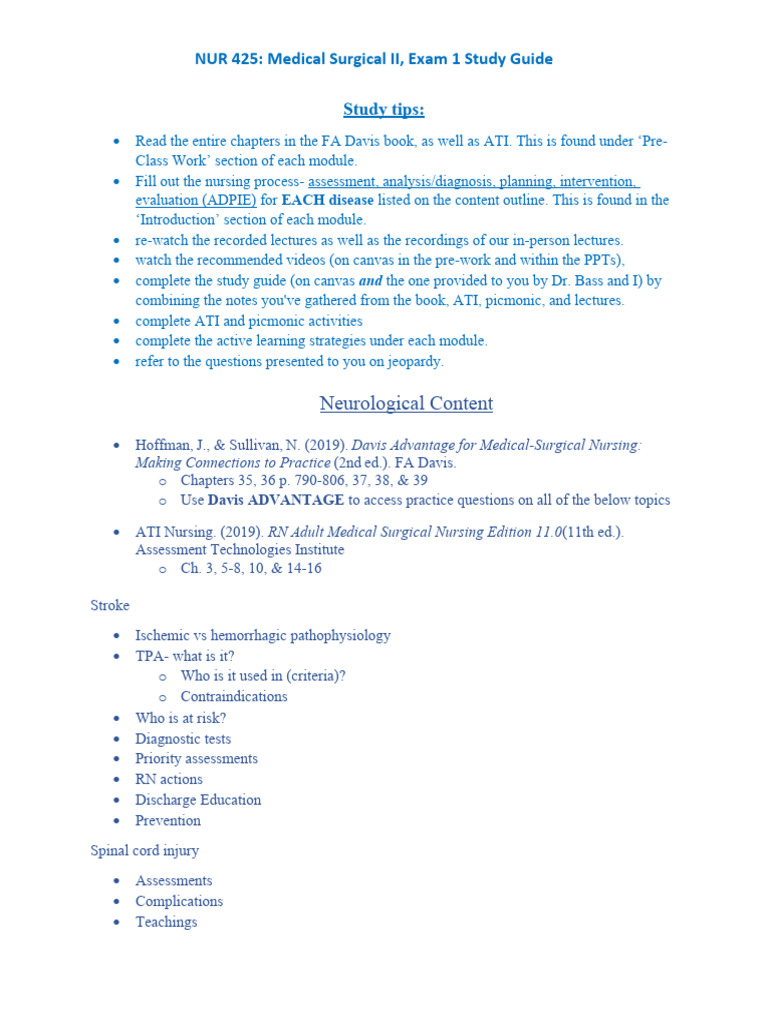 NUR 425 Medical Surgical II Exam 1 Guide | PDF | Surgery | Neurology