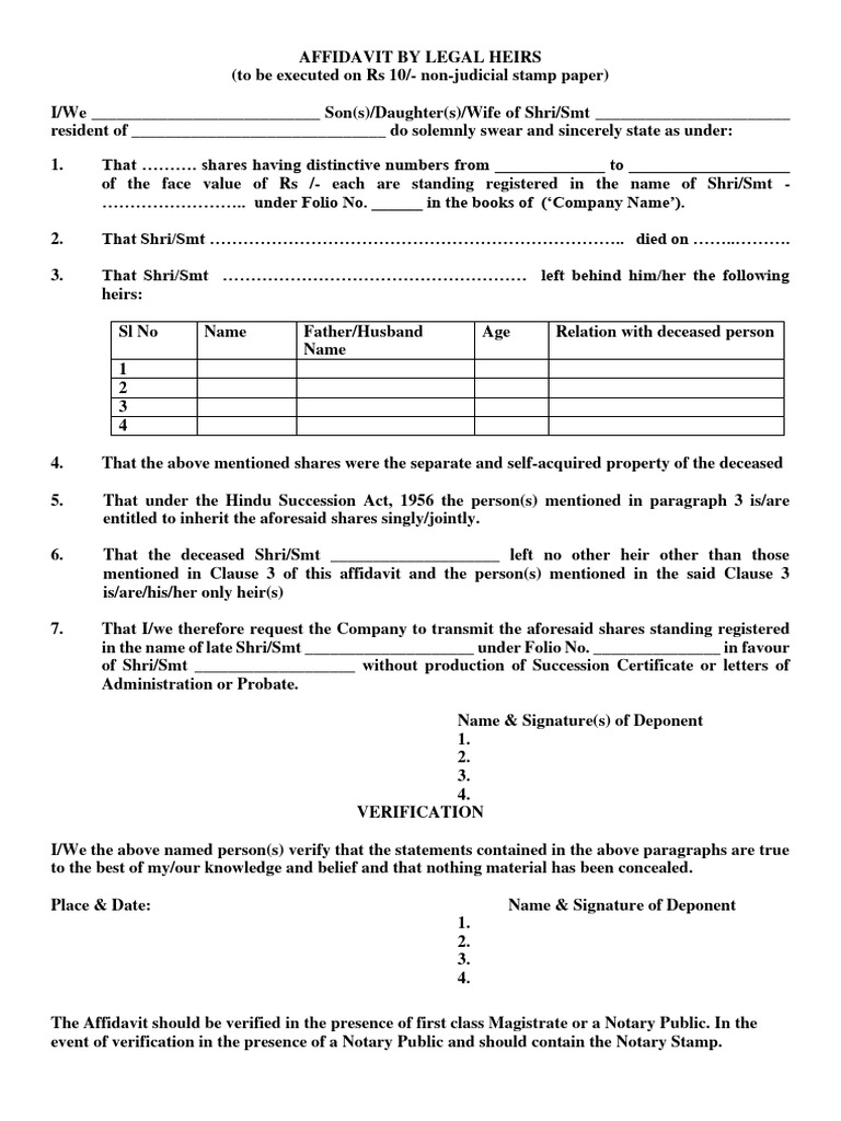 Legal Heir Affidavit Template | PDF | Affidavit | Inheritance