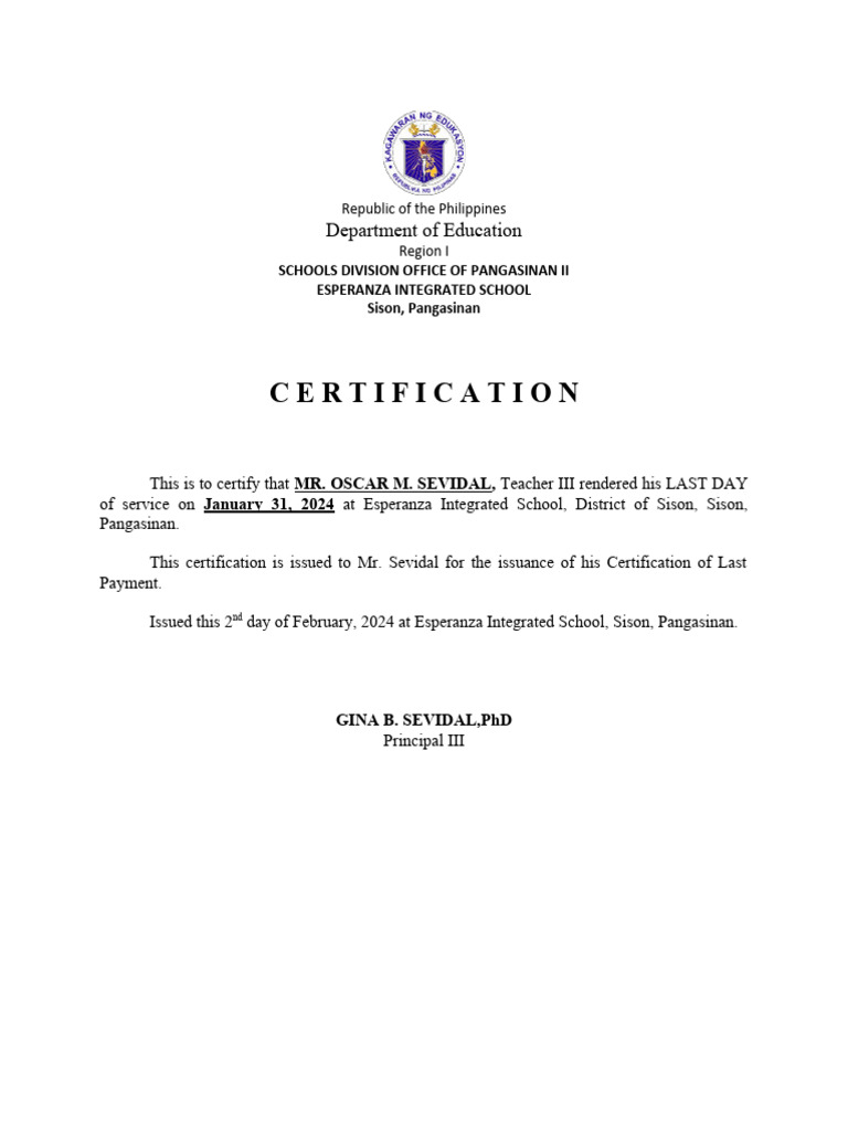 Sample Certificate Of Last Day In Service