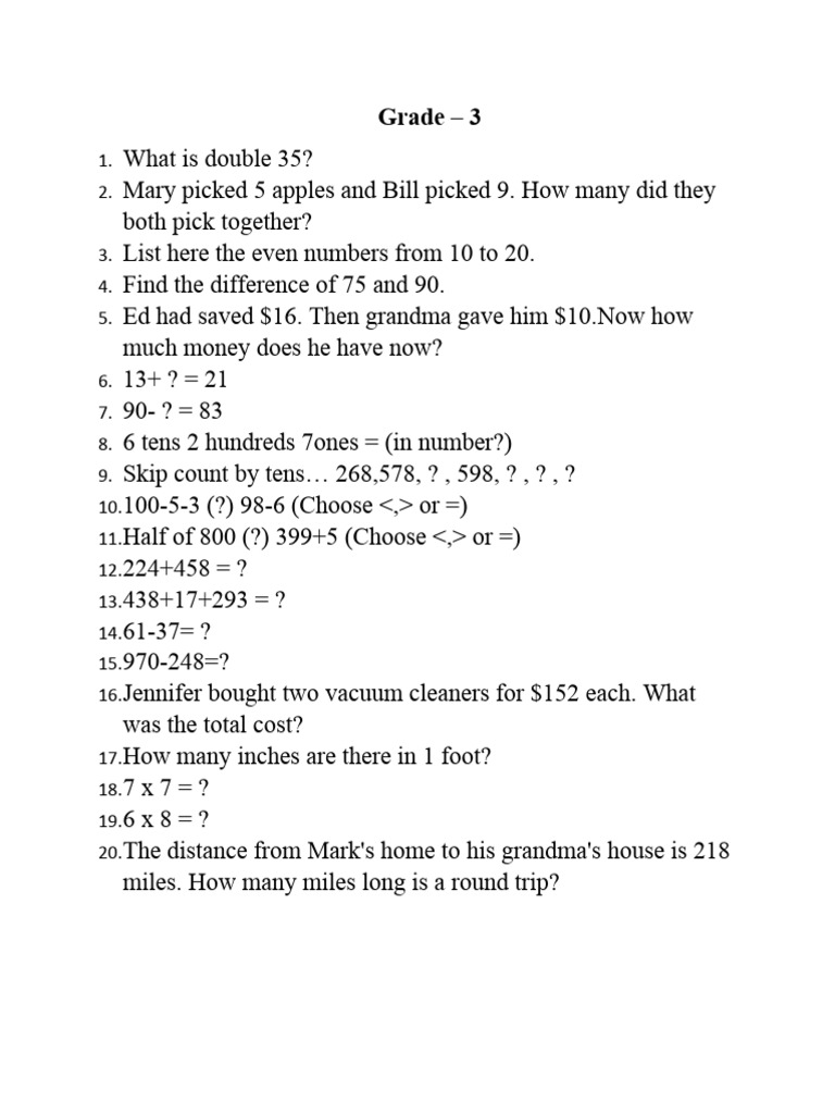 Grade 3-4 Math Problems and Exercises | PDF