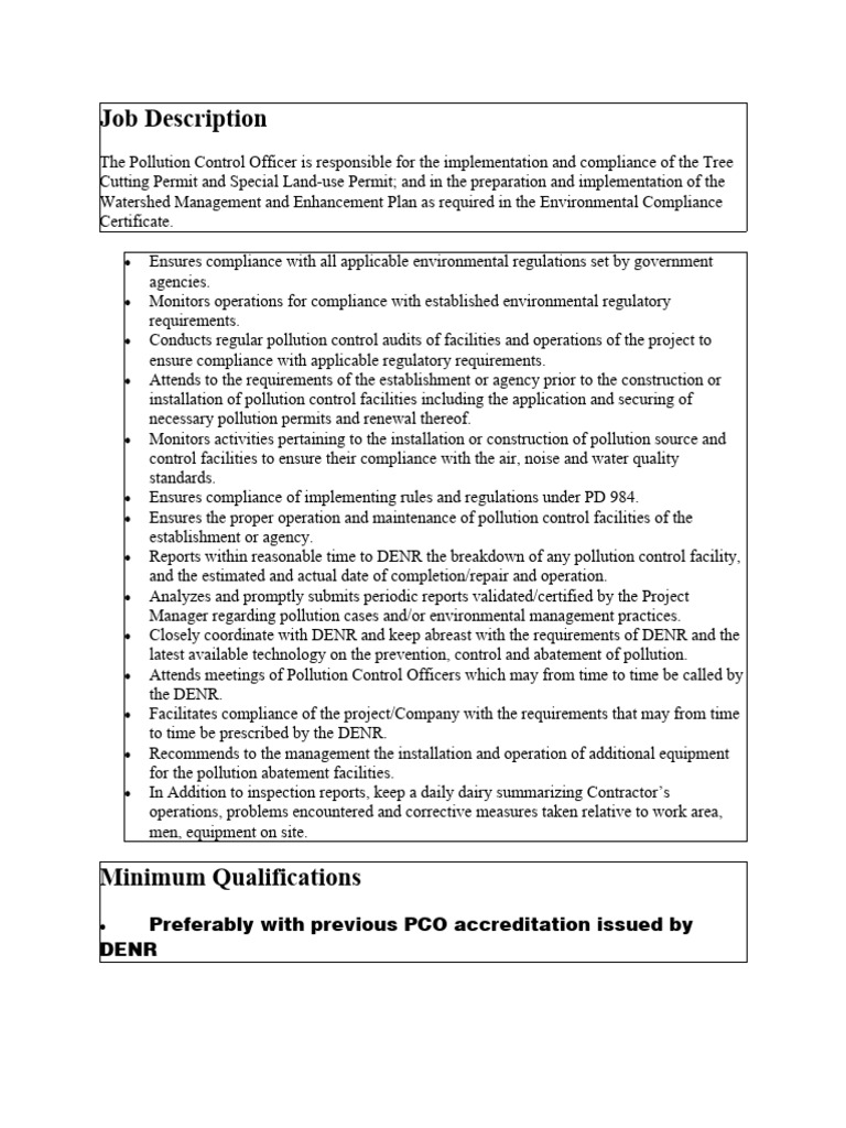 Sample Job Description PCO PDF Regulatory Compliance Pollution