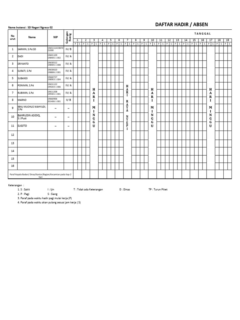 Daftar Hadir Piket SD Ngreco 02 | PDF
