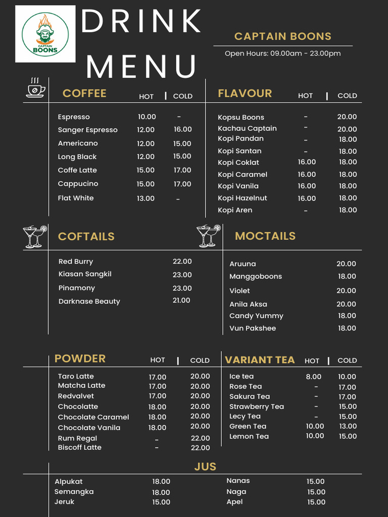 Captain Boons Drink and Food Menu | PDF | Food And Drink Preparation ...