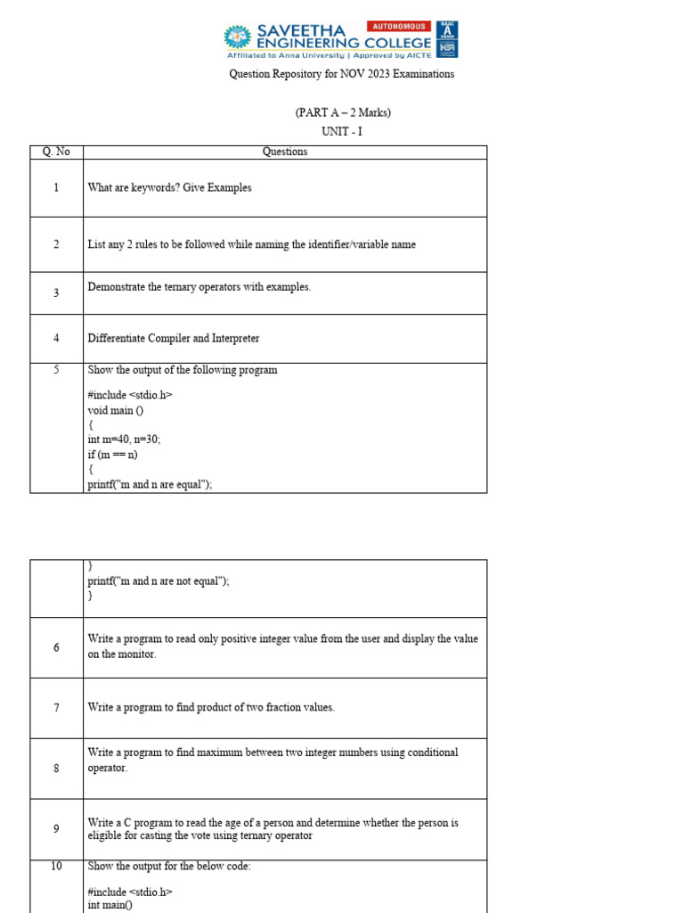 19AI304-Fundamentals of C-QR - NOV 2023 | PDF | Computer Program ...
